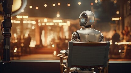 A robot in the director chair on a film set. The concept of artificial intelligence