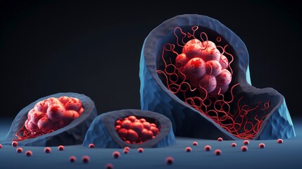 Fototapeta premium 3D illustration mockup of the human organ systems, circulatory, digestive, red and white bloodcells wtih blurred backgroun. Medical education concept, Generative AI illustration
