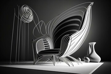 3d chair design in black and white linear sketch. Generative AI