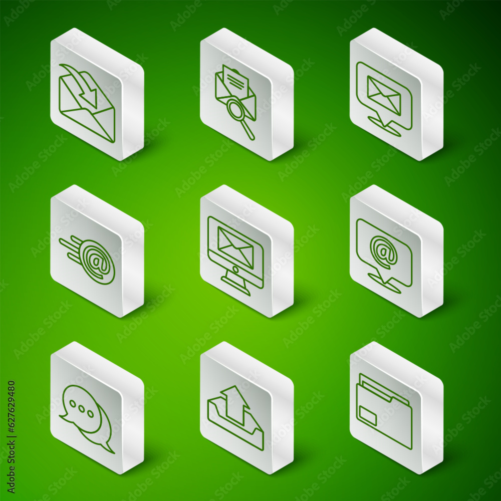 Poster set line document folder, upload inbox, envelope, monitor and envelope, mail e-mail, with magnifying