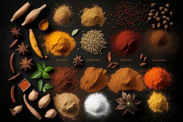 Assortment of ground herbs and spices: salt, pepper, paprika, curry, etc. Generative AI