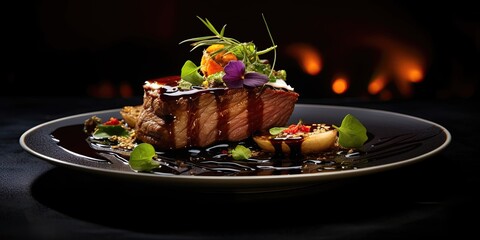 elegant expensive dish plate dark black gourmet dinner chef