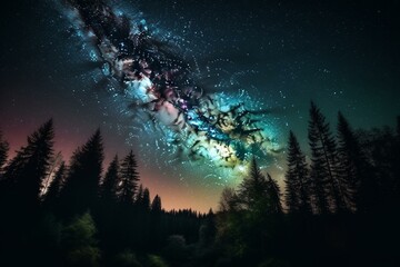 Fototapeta na wymiar Nighttime sky with forest silhouette, colorful aurora, cosmic galaxy, nebula, sparkling stars, wispy clouds. Generative AI