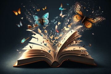 Digital art depicting an open fantasy book with butterflies flying upwards. Generative AI