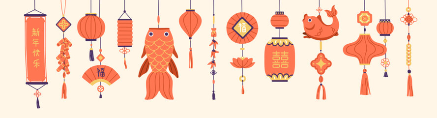 Asian decorations, hanging paper ornaments set. Red holiday lanterns, festive pendant lamps, Chinese scrolls. Traditional oriental decor with strings, tassels. Isolated flat vector illustrations - obrazy, fototapety, plakaty