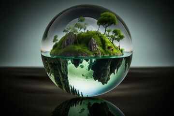 Crystal ball with an island, nature preservation, eco-friendly. Generative AI