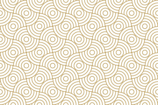 Seamless pattern with  abstract overlap circular wave in gold and beige color, japanese geometric repeat background with stripe line, png transparent.