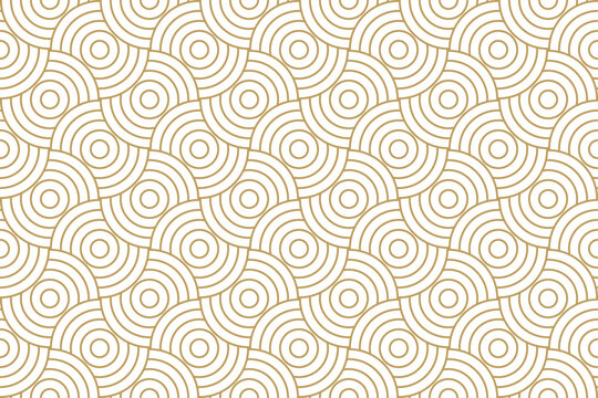 Seamless pattern with  abstract overlap circular wave in gold and beige color, japanese geometric repeat background with stripe line vector.