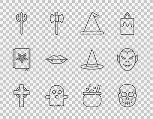 Set line Tombstone with cross, Skull, Witch hat, Ghost, Neptune Trident, Vampire teeth, Halloween witch cauldron and icon. Vector