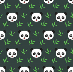 Panda bear and bamboo leaves on dark green background. kawaii animal kids seamless pattern design for wrapping paper, fabric and textile