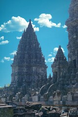 View of Prambanan Temple, Prambanan Temple is the largest and grandest Hindu temple ever built in ancient Java. Yogyakarta