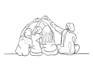 Continuous one line drawing group of friends illustration. Vector illustration.