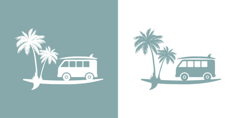 Logo vacaciones de verano. Club de surf. Silueta de tabla de surf con furgoneta de playa con dos palmeras