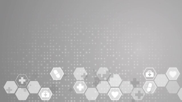 White glowing hospital symbols in hexagon. Healthcare animation with medical icons. Abstract looped grey background.