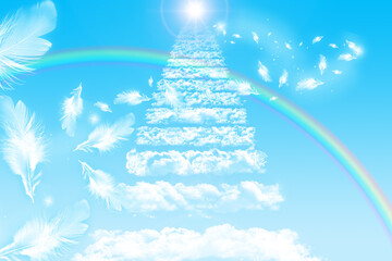 青空にかかる雲の階段と虹と羽根と