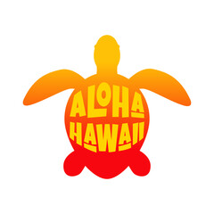 Logo vacaciones en Hawái. Silueta de tortuga marina con letras de la palabra aloha Hawaii con letras estilo hawaiano