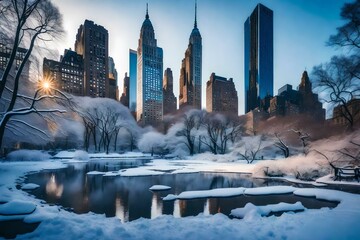 Park covered in snow at dawn - obrazy, fototapety, plakaty