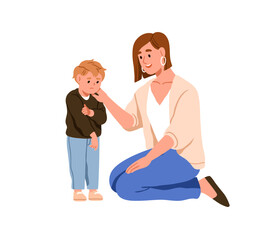 Mother supporting, comforting injured boy kid. Mom caring about child, talking son. Parent and toddler communication, relationship concept. Flat vector illustration isolated on white background
