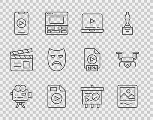 Set line Retro cinema camera, Photo frame, Online play video, AVI file document, Drama theatrical mask, Scenario on chalkboard and Drone flying icon. Vector