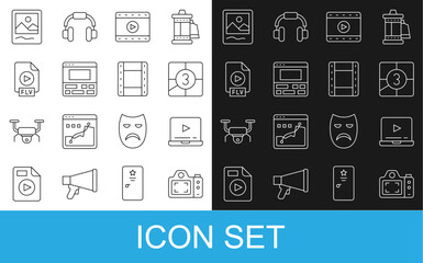 Fototapeta premium Set line Photo camera, Online play video, Old film movie countdown frame, Play Video, recorder on laptop, FLV file document, and icon. Vector
