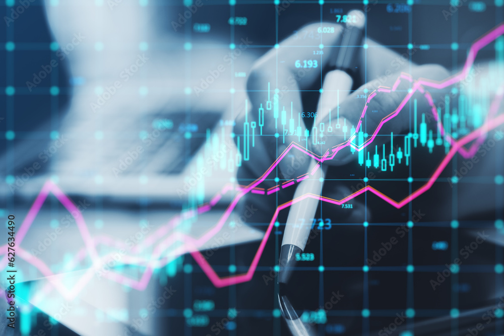 Poster Close up of male hand using digital pad at workplace with glowing forex index chart with grid on blurry background. Market, finance and online trading concept. Double exposure.