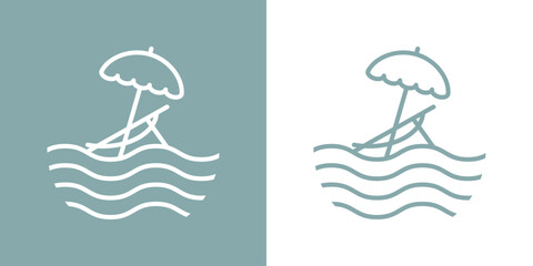 Logo vacaciones de verano. Silueta lineal de parasol abierto con silla de playa con olas de mar © teracreonte