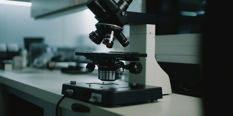 Fototapeta premium Generative AI, a modern high-tech microscope stands on a table in a laboratory for the study of microorganisms and analysis, science, chemistry, biology, physics