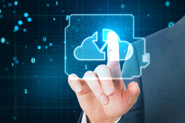 Data exchange and cloud service concept with man hand finger on digital touch screen with blue clous symbol with oppositely directed arrows in processor form on dark technological background