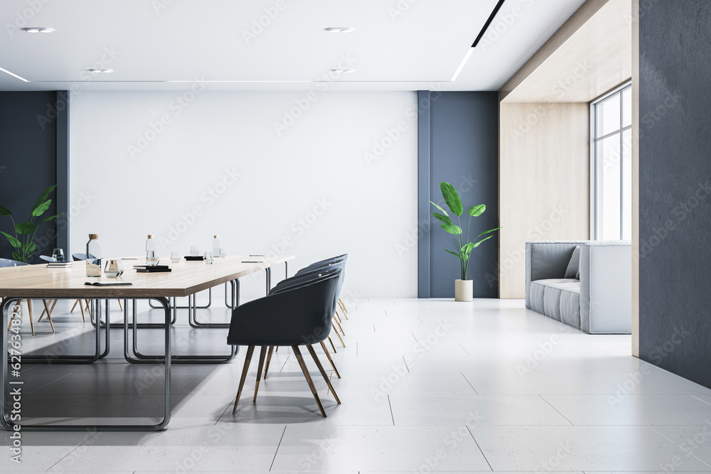 Poster side view of modern empty conference room with wooden office desk and chairs, white wall and tiles f