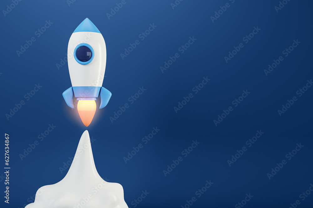 Poster startup and promotion concept with launched rocket on blue background. 3d rendering