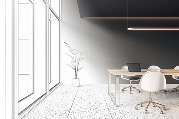 Before and after design project sketch of modern office interior. 3D Rendering