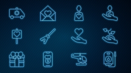 Set line Blood donation, Volunteer team planting trees, Mop, Location with heart, Emergency car, Heart hand and Envelope Valentine icon. Vector