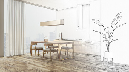 Drawing of golden and white kitchen interior with panoramic windows, curtains and furniture. 3D Rendering.