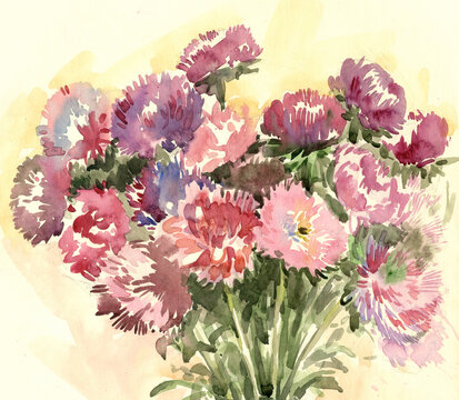 Watercolor floral bouquet bright pink flowers. Botanical illustration.
