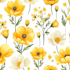 Yellow watercolor flowers. Seamless pattern background