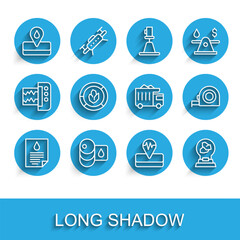 Set line Oil drop document, Barrel oil, Oilfield, Earthquake, Exhibition with minerals, rocks, Soil analysis, Roulette construction and Mining dump truck icon. Vector