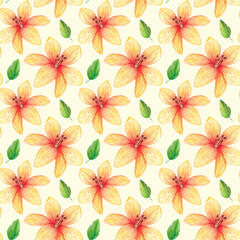 Fototapeta premium Yellow lilies pattern. Watercolor handmade yellow and orange lily flowers seamless pattern on white background