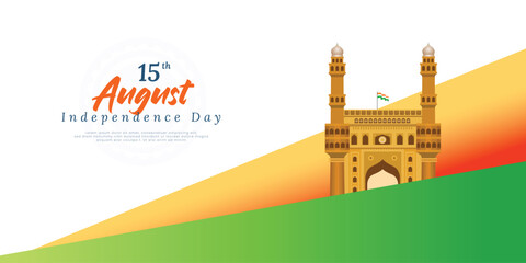 Naklejka premium 15th August Happy Independence Day greeting banner design with historical building poster or post 2023 vector file