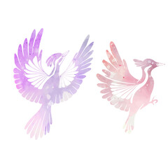 Vector set of watercolor woodpeckers silhouettes. Pink and violet stylized bird clipart isolated from background. Design elements