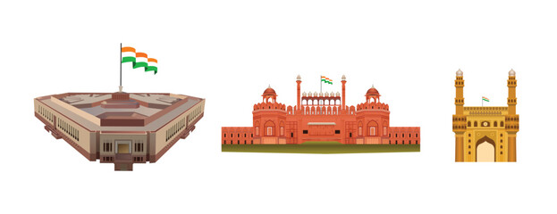 New Parliament building and red fort monument vector illustration - obrazy, fototapety, plakaty