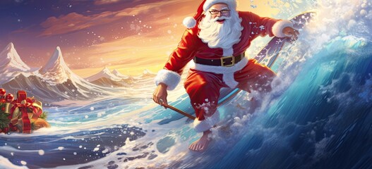 Merry Santa Claus surfing on a wave with a holiday themed surfboard. Concept of joyful Christmas vacation.