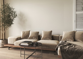 Mockup frame in canvas modern interior livingroom background in light pastel colors. Brown Scandi Boho style panoramic room design. 3d render. High quality 3d illustration