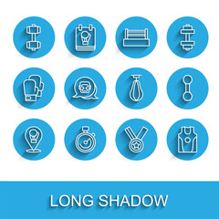 Set line Boxing glove, Stopwatch, Dumbbell, Medal, jersey and t-shirt, helmet, and Punching bag icon. Vector