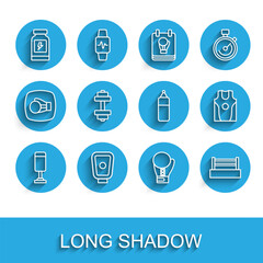 Set line Punching bag, Boxing training paws, Energy drink, glove, ring, Dumbbell, jersey and t-shirt and icon. Vector