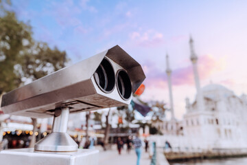 Coin Operated Binocular viewer next to the waterside promenade in Istanbul looking out to the Bay...
