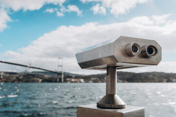 Coin Operated Binocular viewer next to the waterside promenade in Istanbul looking out to the Bay and city.