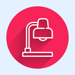 White line Table lamp icon isolated with long shadow. Red circle button. Vector