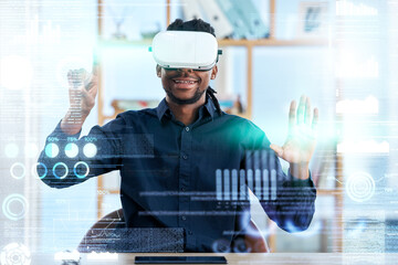 Virtual reality, VR hologram and business man review stock exchange statistics, augmented...