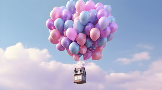 hot air balloon House with balloons bunch flying in the sky. Real estate purchasing, moving house and housewarming concept.