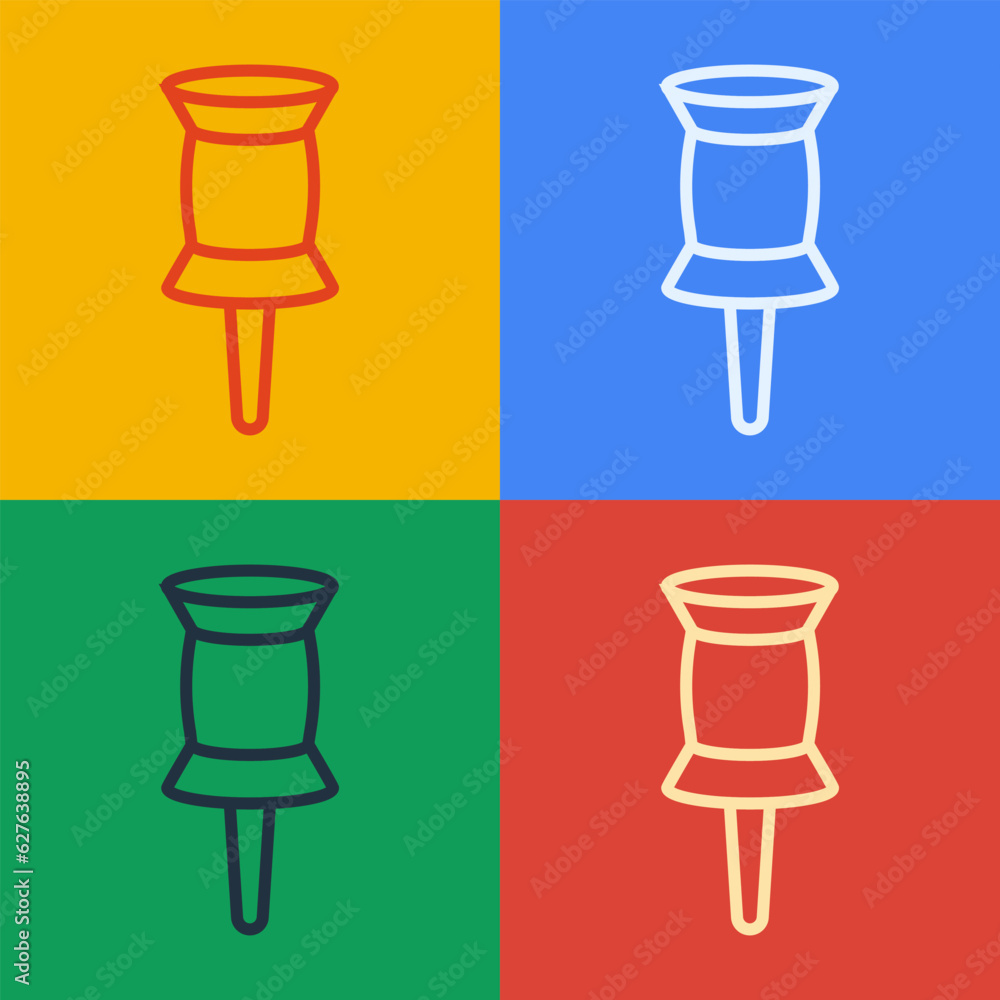 Poster pop art line push pin icon isolated on color background. thumbtacks sign. vector